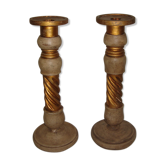 Paire de bougeoirS en bois doré & taupe
