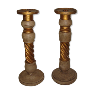 Pair of candlesticks golden wooden & taupe