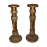 Pair of candlesticks golden wooden & taupe