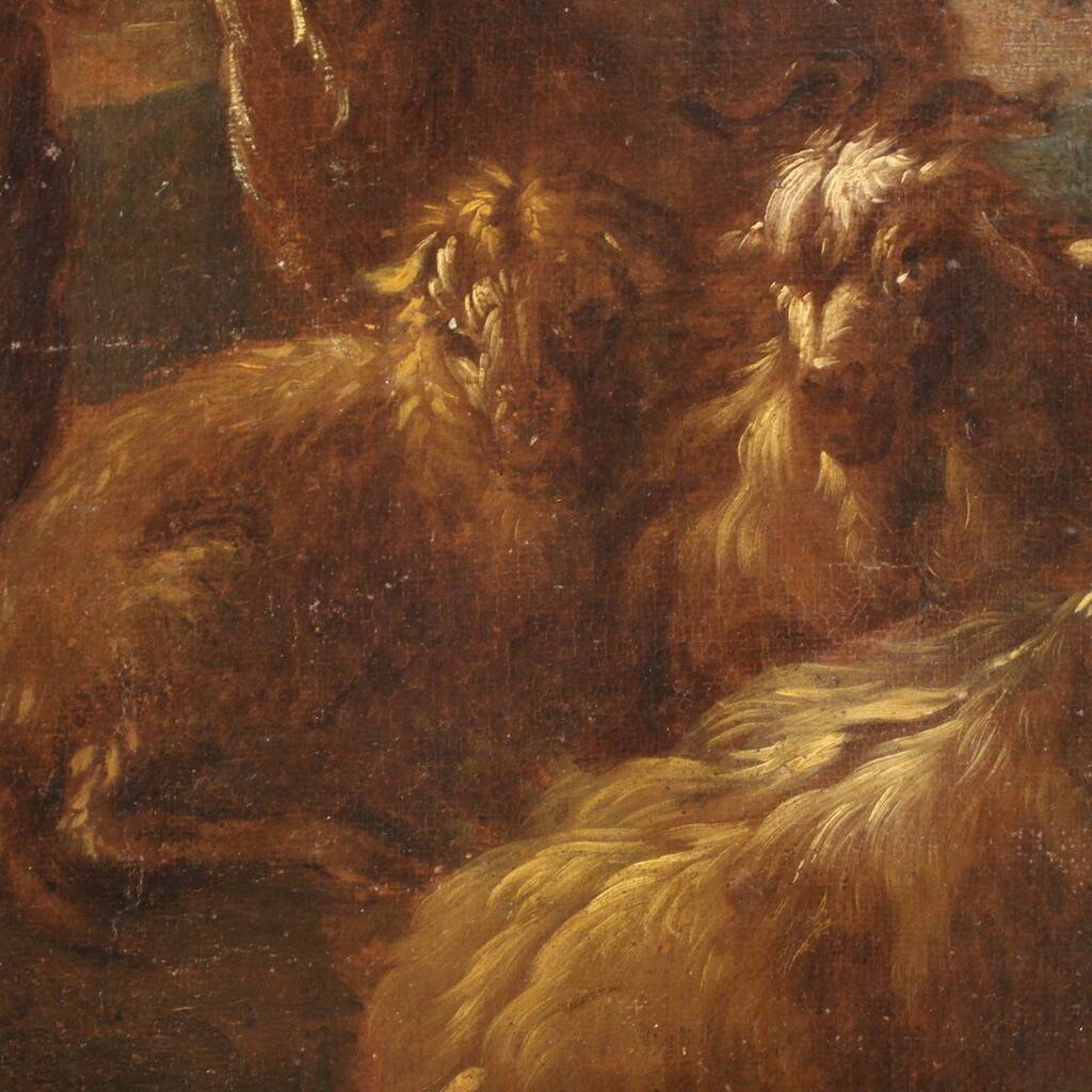 Peinture ancienne paysage avec des chèvres du XVIIe siècle