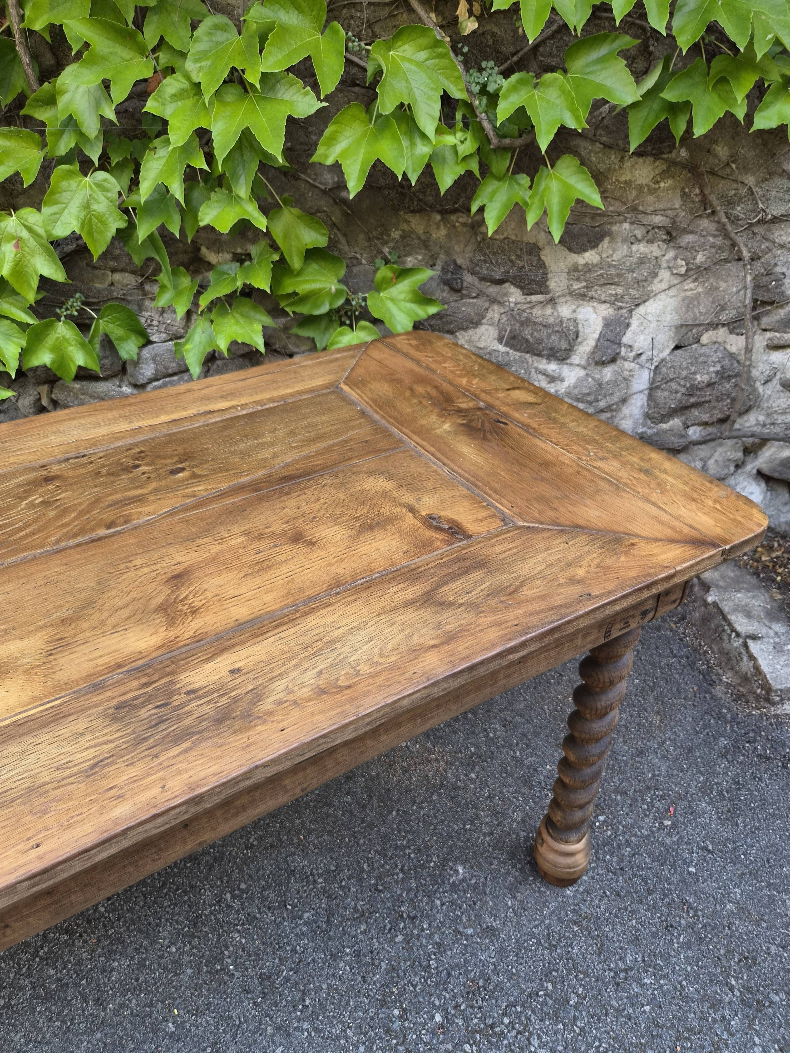 Antique French draper's table in oak, shop counter, work table, 6 feet, circa 1750–1850.