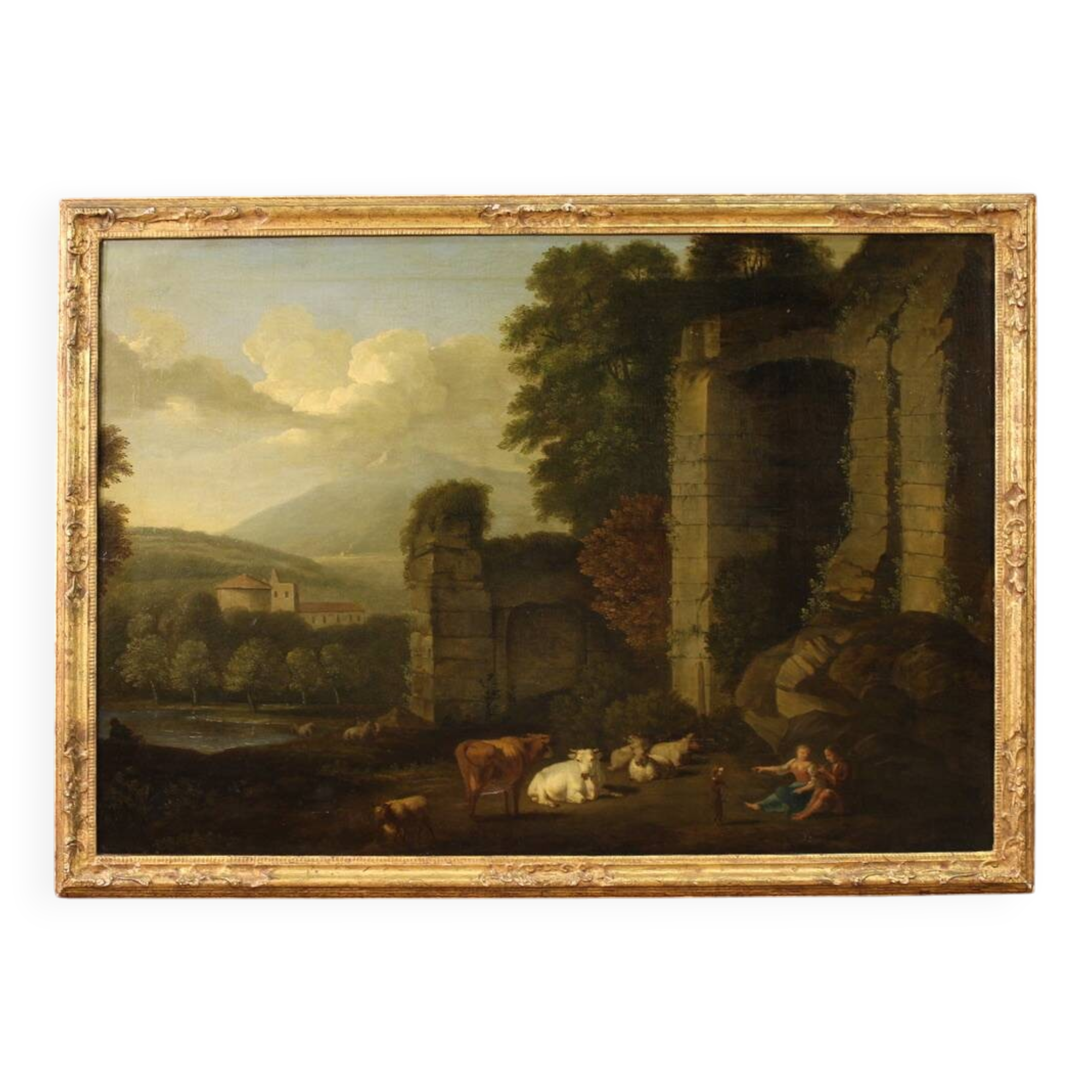 Great 17th century Italian painting, bucolic landscape with ruins