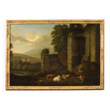 Great 17th century Italian painting, bucolic landscape with ruins