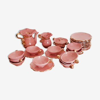 Coffee and tea service in Vallauris earthenware, vintage, pink and gold, shabby chic