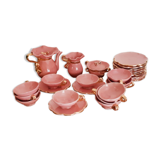 Coffee and tea service in Vallauris earthenware, vintage, pink and gold, shabby chic