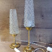 Duo of retro 50's bronze table lamps, diamond-tipped glass tube lampshades