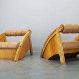 1970s Pair of Rare Oak Armchairs Upholstered in  Leatherette, Czechoslovaki