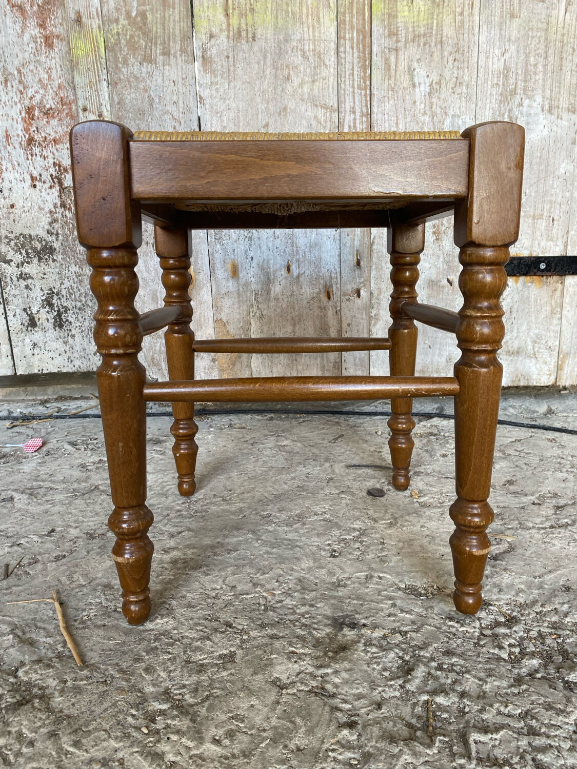 Vintage Turned Wood Stool + Woven Straw Seat #D893