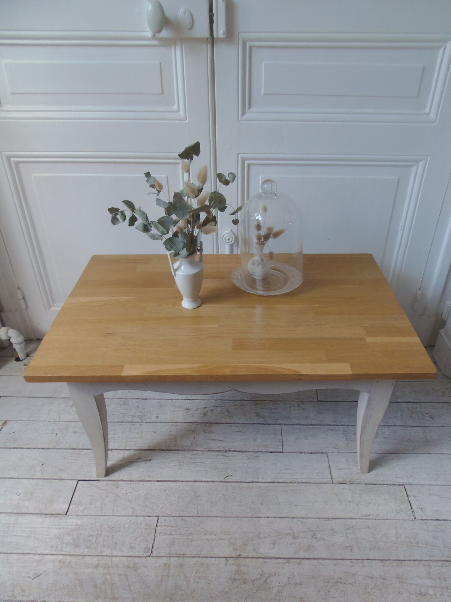 Vintage coffee table patinated pearl gray waxed finish, top against glued varnished oak
