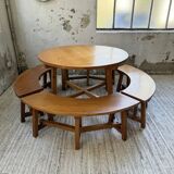 Set of round table and 4 rounded benches, 1950