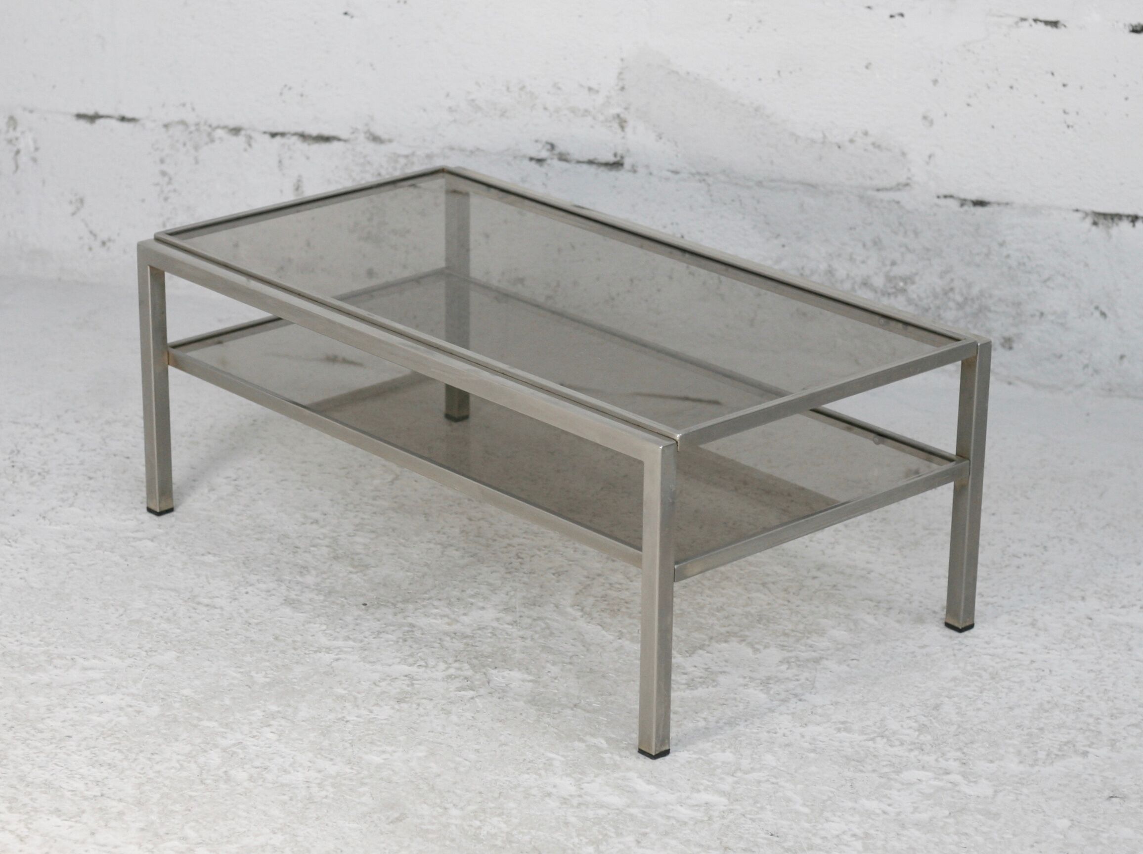 Double coffee table trays smoked glass steel. France, circa 1970