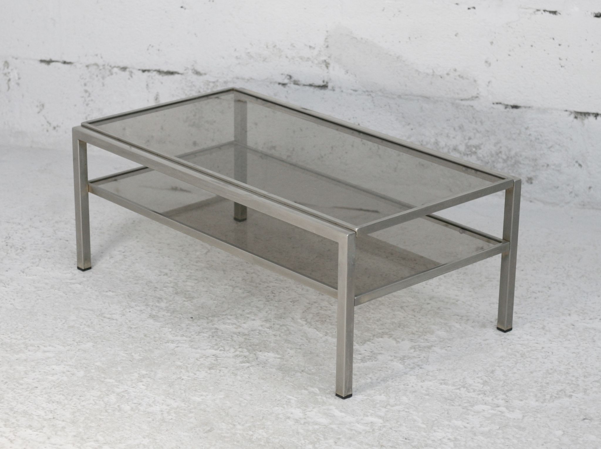 Double coffee table trays smoked glass steel. France, circa 1970