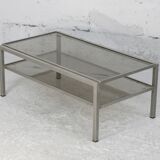 Double coffee table trays smoked glass steel. France, circa 1970