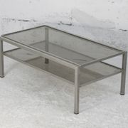 Double coffee table trays smoked glass steel. France, circa 1970
