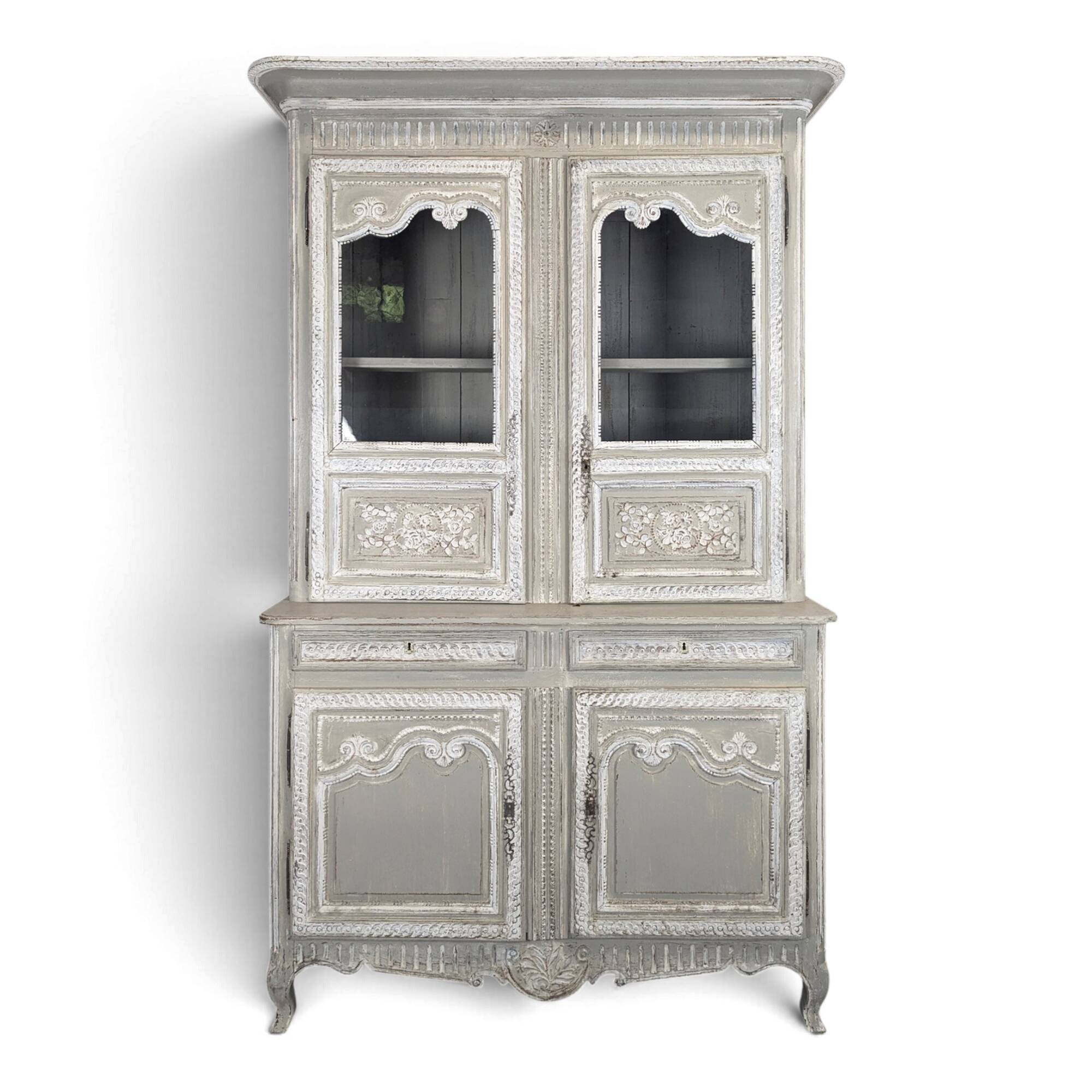 Two-body glass buffet in patinated grey and white oak.