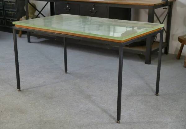 Saint-Gobain glass and black lacquered metal designer table, 1960s