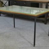 Saint-Gobain glass and black lacquered metal designer table, 1960s