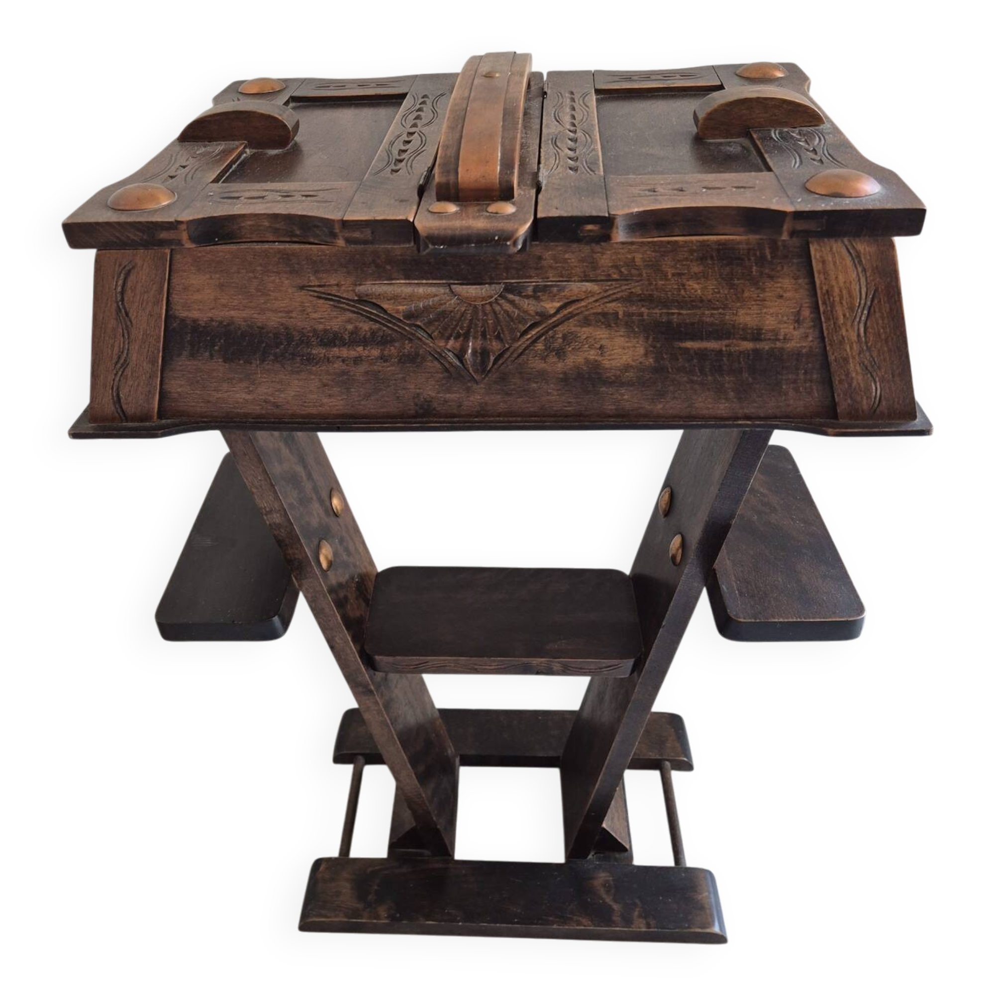Antique Jugendstil work table — oak and copper fittings, circa 1900