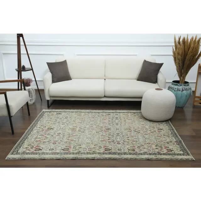 1970s Vintage Turkish Oushak Handmade Wool Cotton Cream Area Rug 165x206