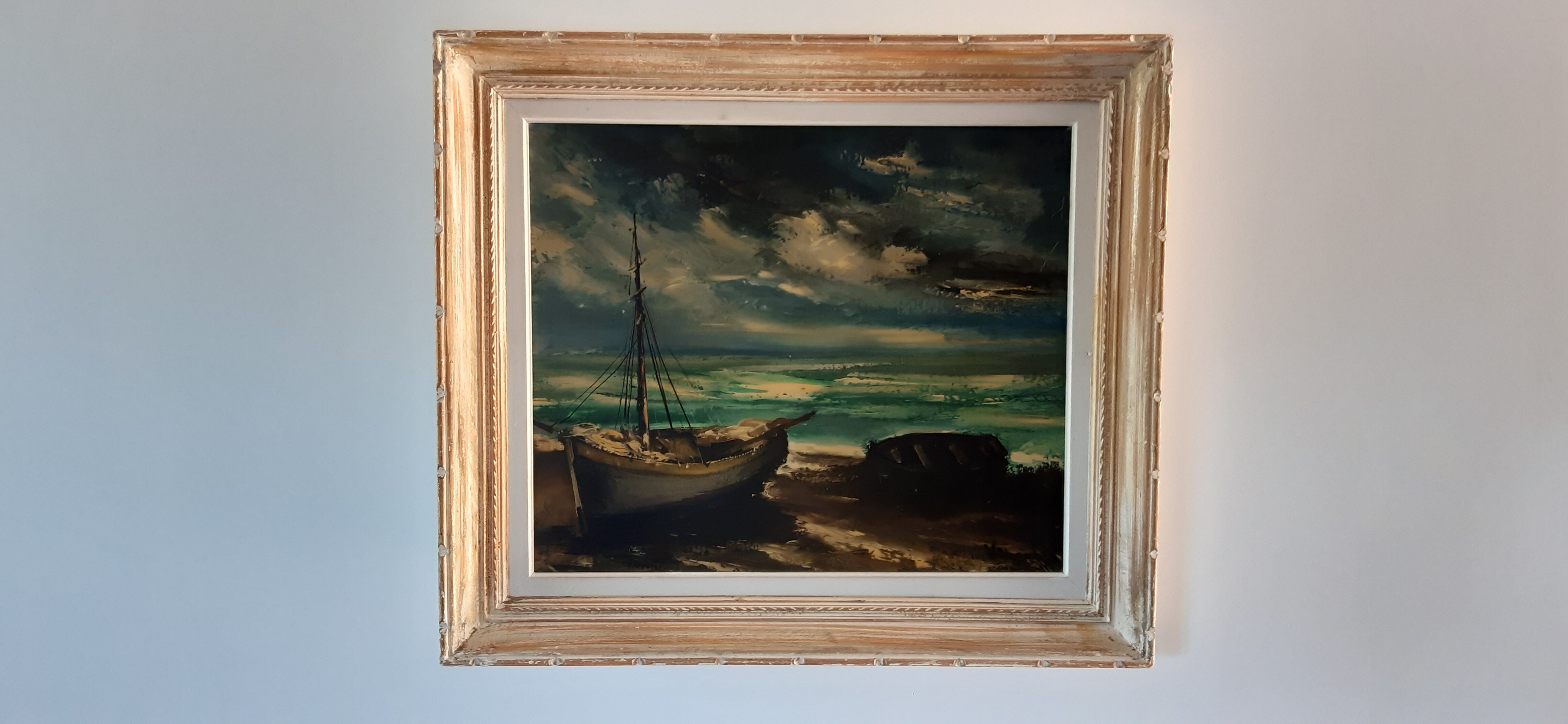 Tableau huile sur toile voilier signé vintage
