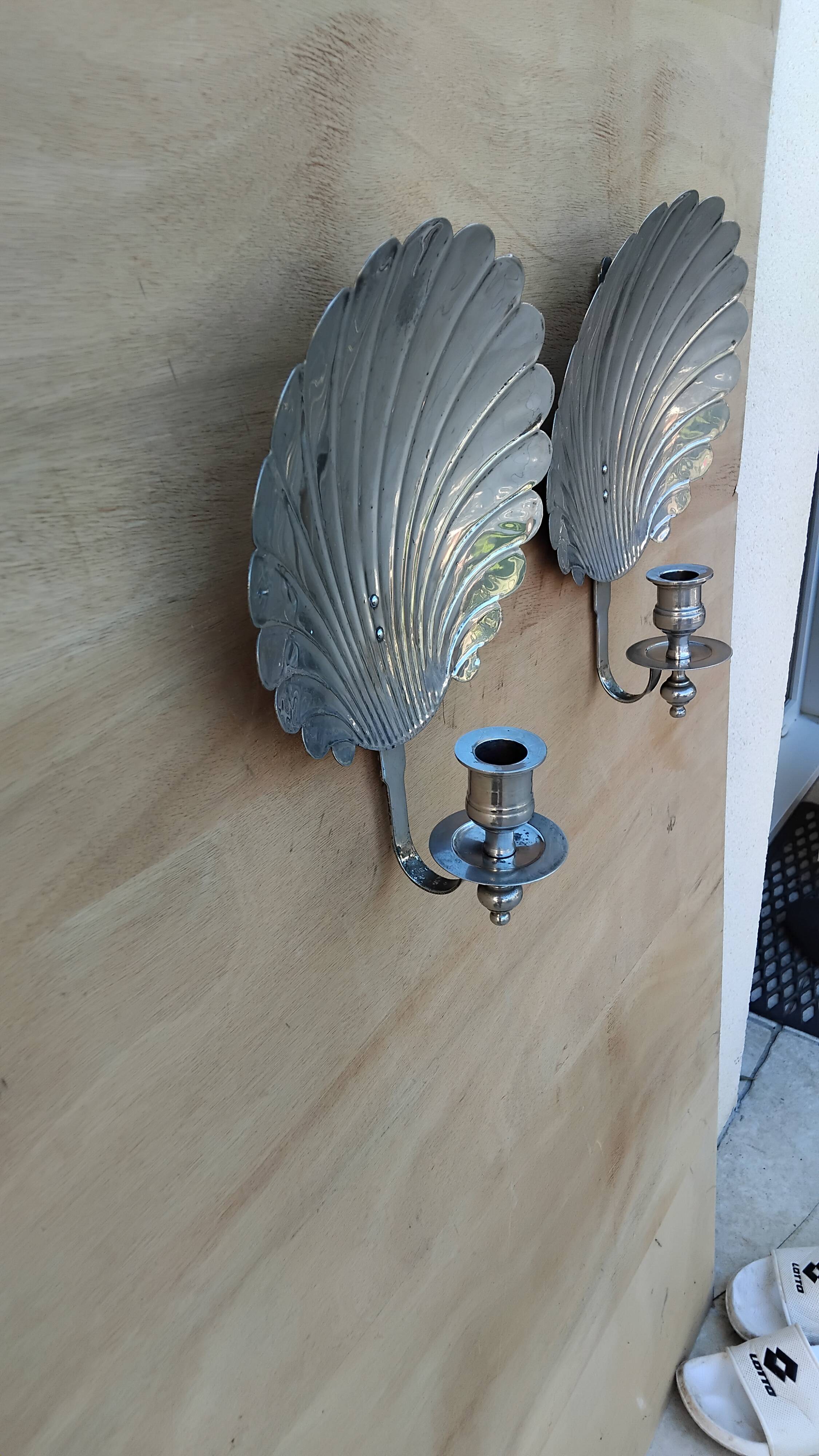 Pair of vintage silver-plated scallop shell wall candle holders