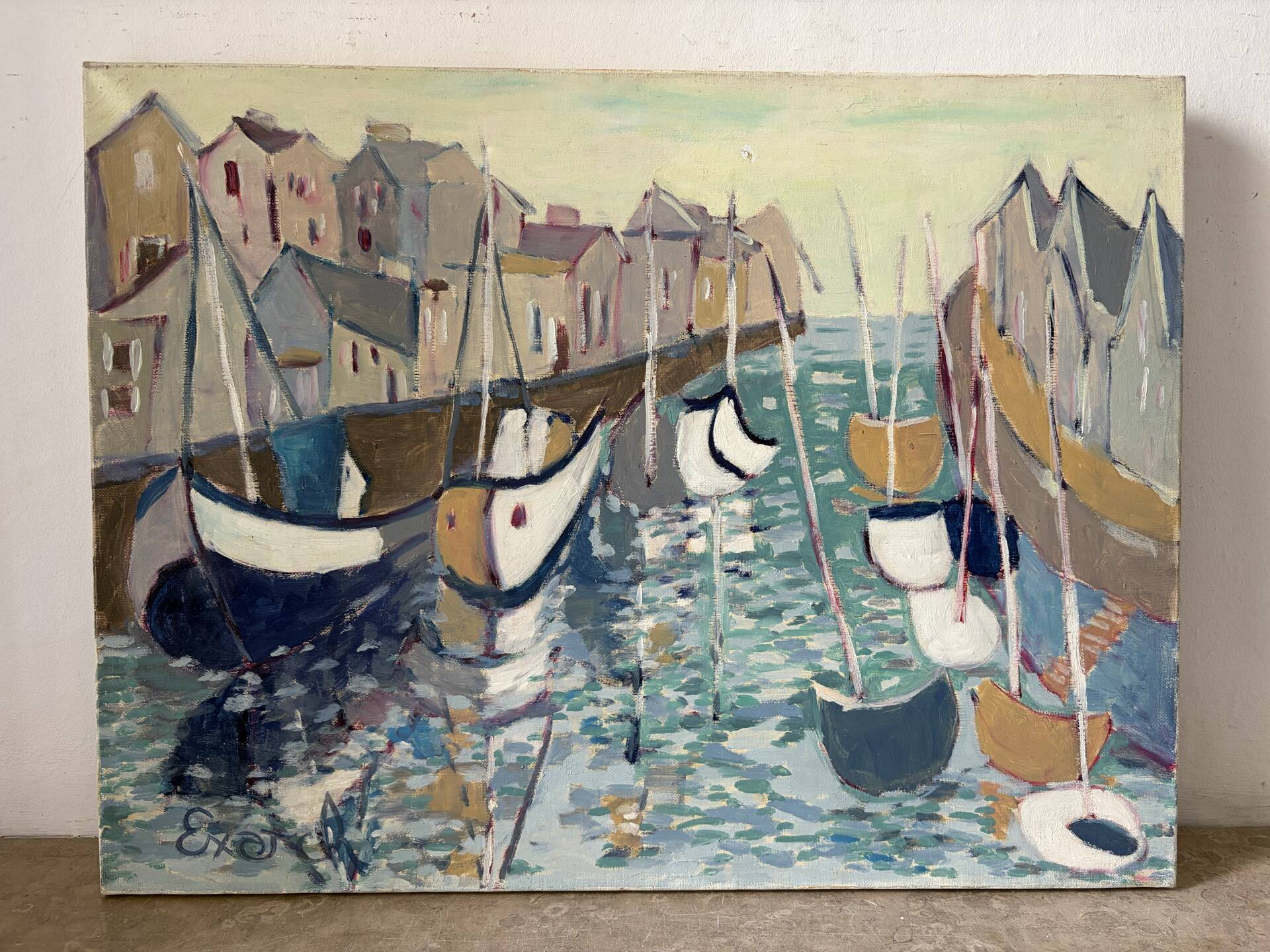 Houses by the port in the mist, oil on canvas signed 1989