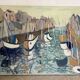 Houses by the port in the mist, oil on canvas signed 1989