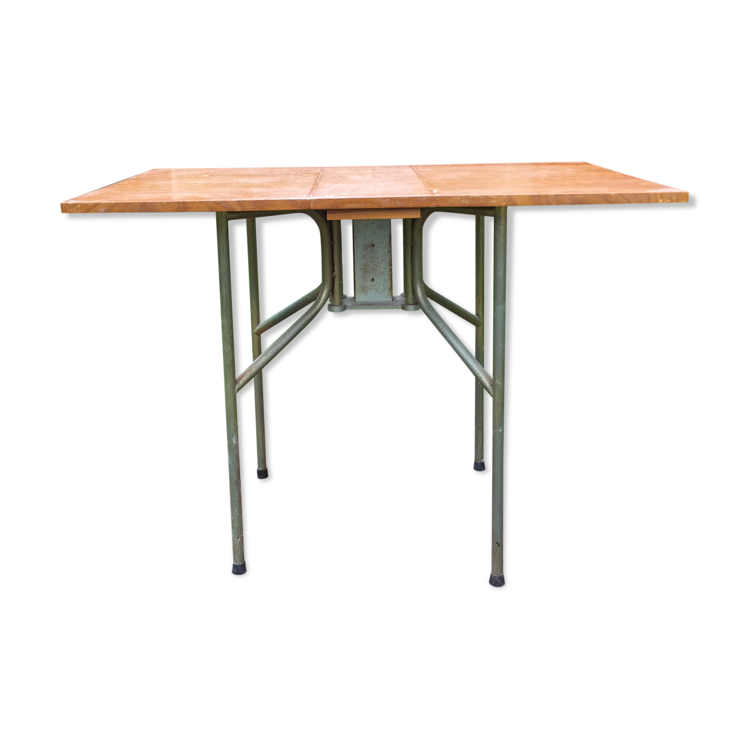 Vintage folding table with teak flaps said wallet with metal tubular base