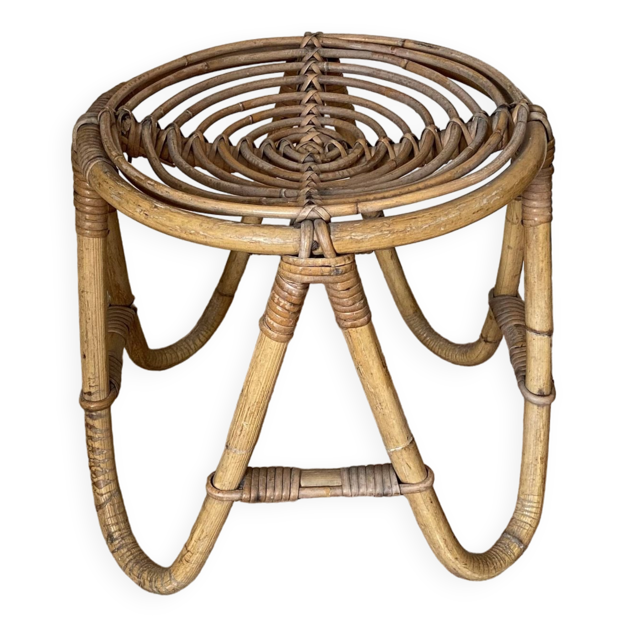 Vintage arched rattan stool. 1970.