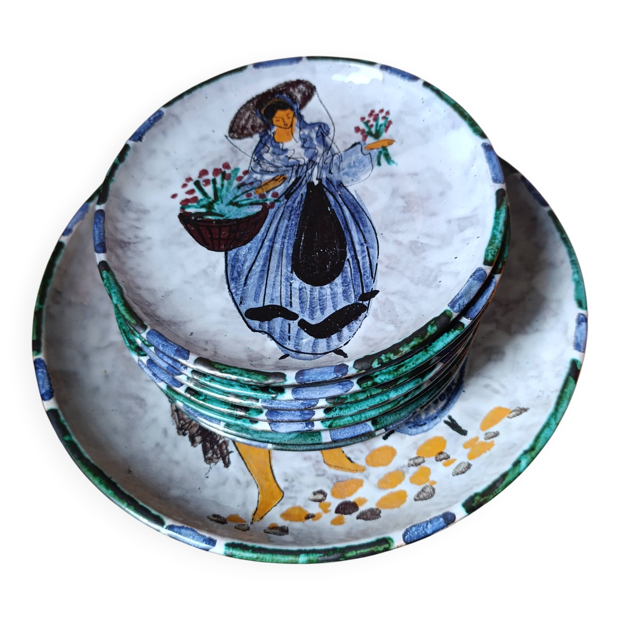 Rare set of 9 vintage plates – Hand-painted ceramic – Black back
