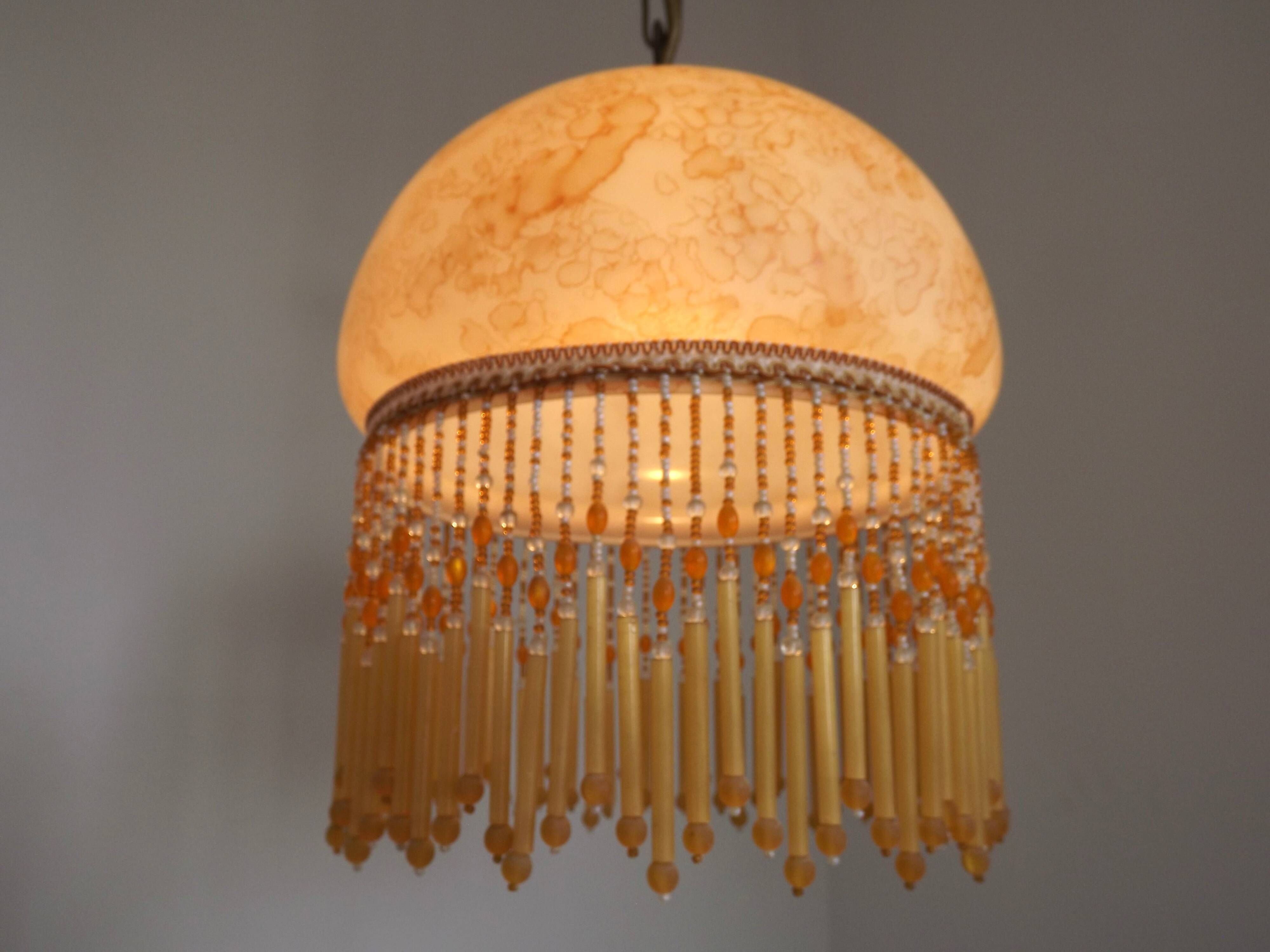 Mid Century Amber Mottled Glass Ceiling Light with Beaded Glass Fringe