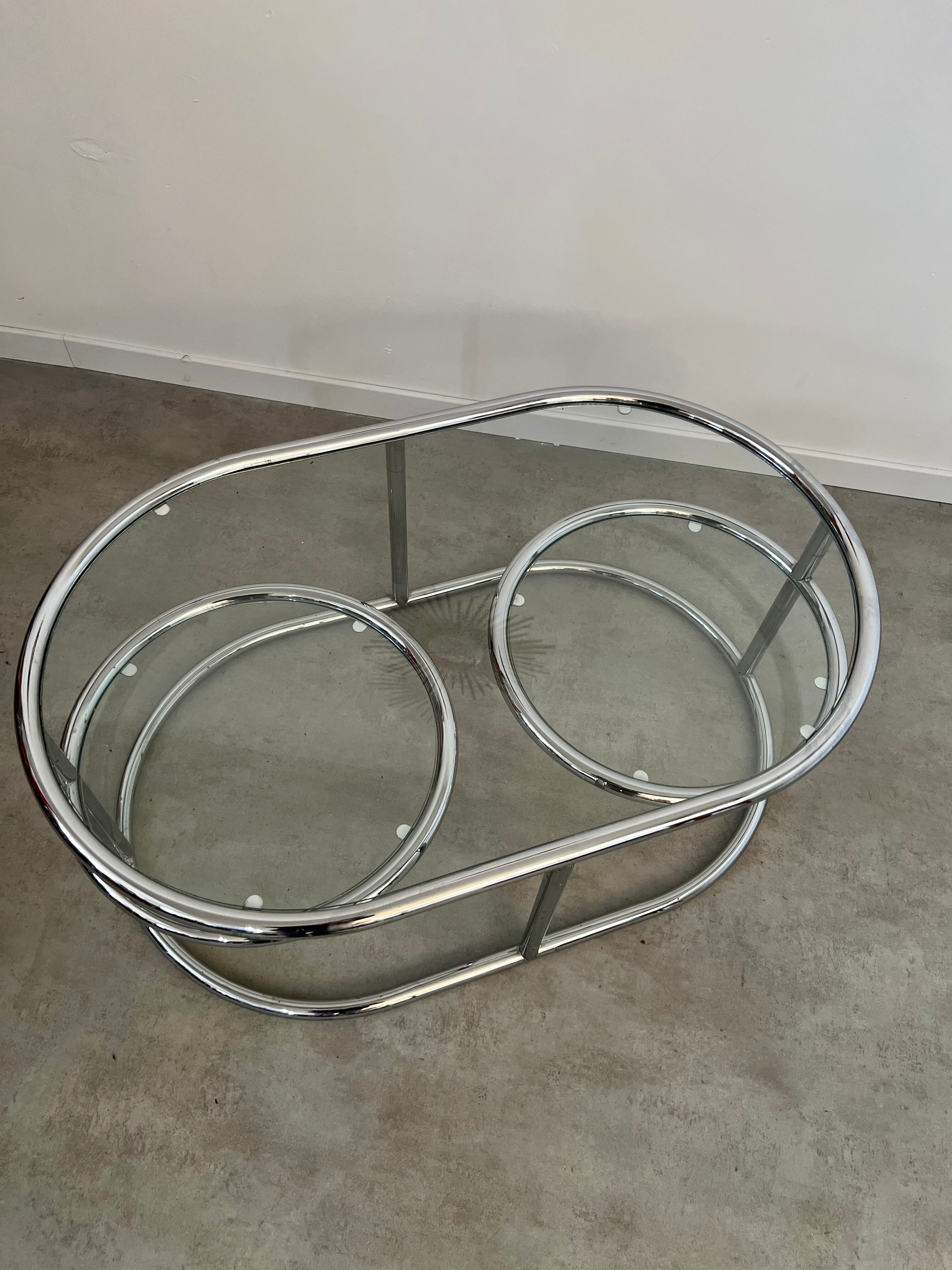 Vintage tubular coffee table glass top, Italian design of the 70s