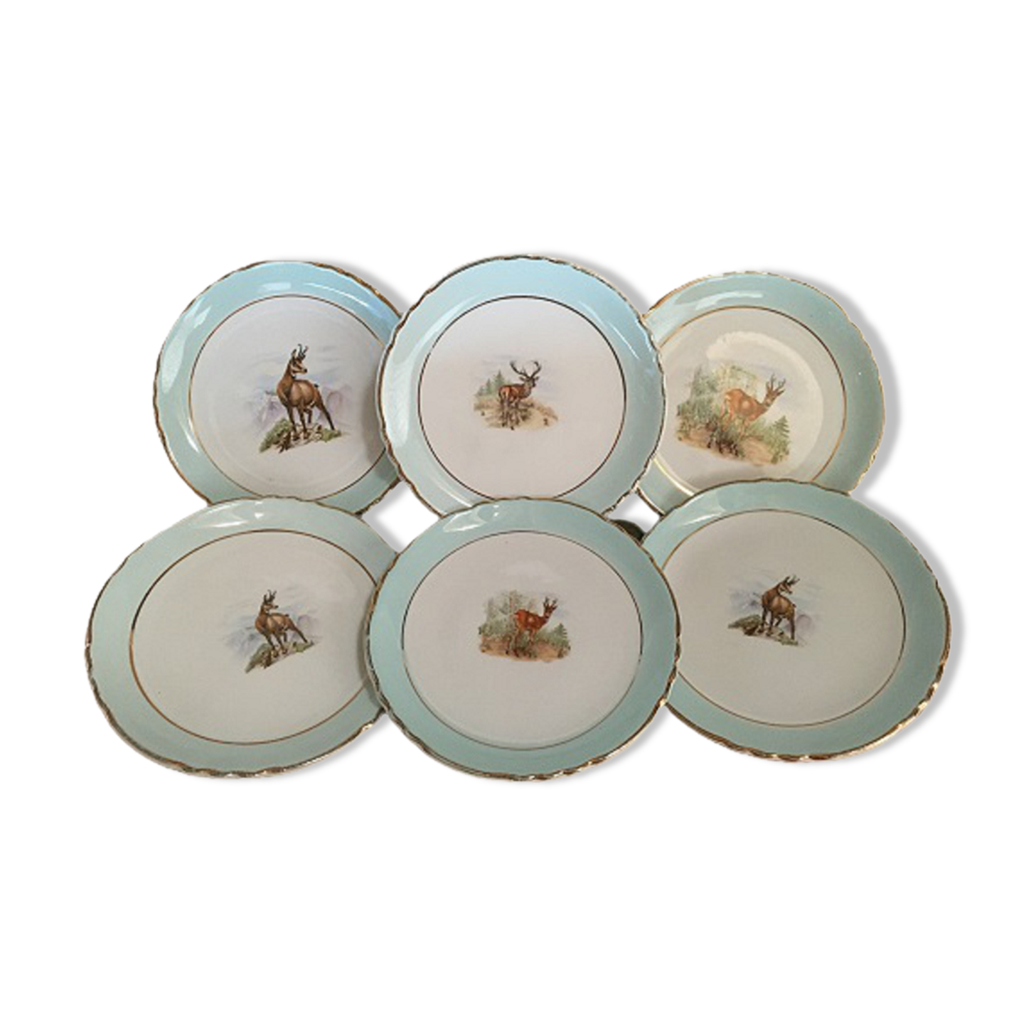 Set of 6 Dessert Plates Stamped "Orchies Moulin des Loup", Model St Hubert