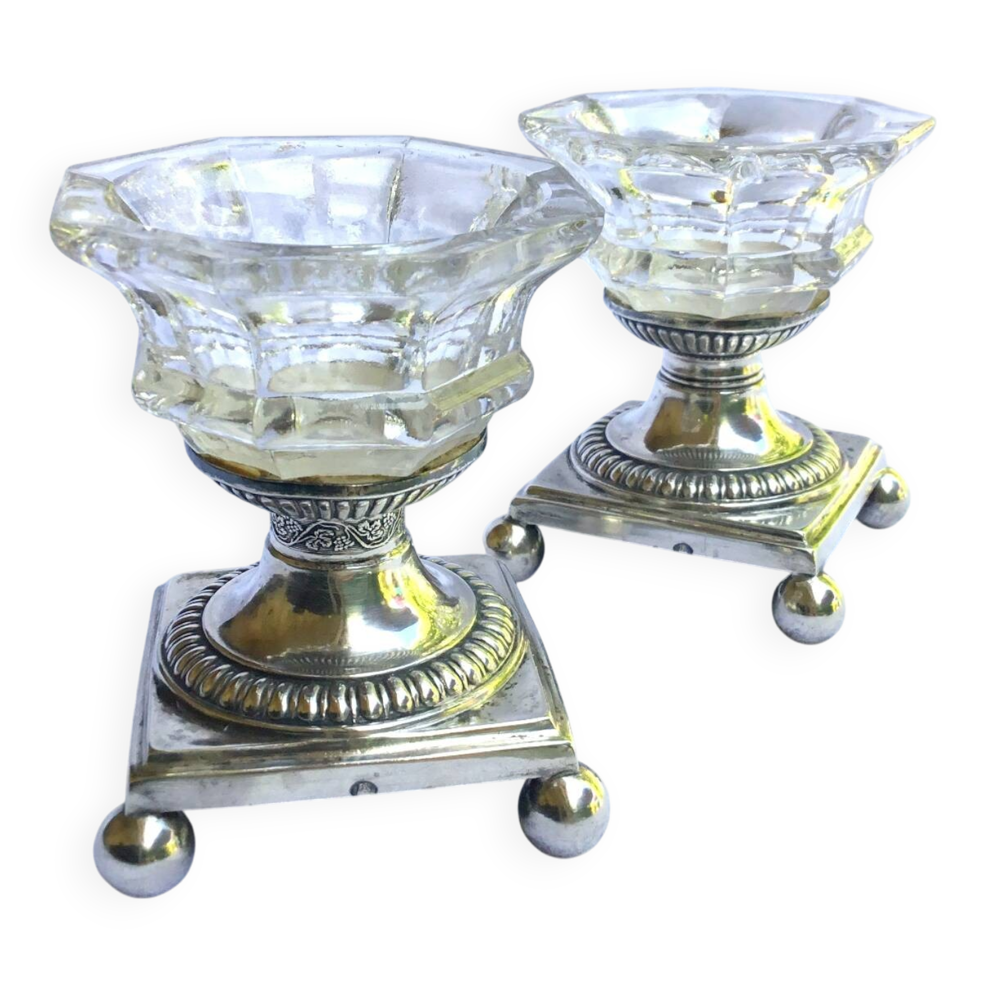 Pair of solid silver salt cellars. Old man's hallmark. Early 19th century.