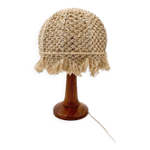 Lampe de table bohème en bois tourné et macramé 1970