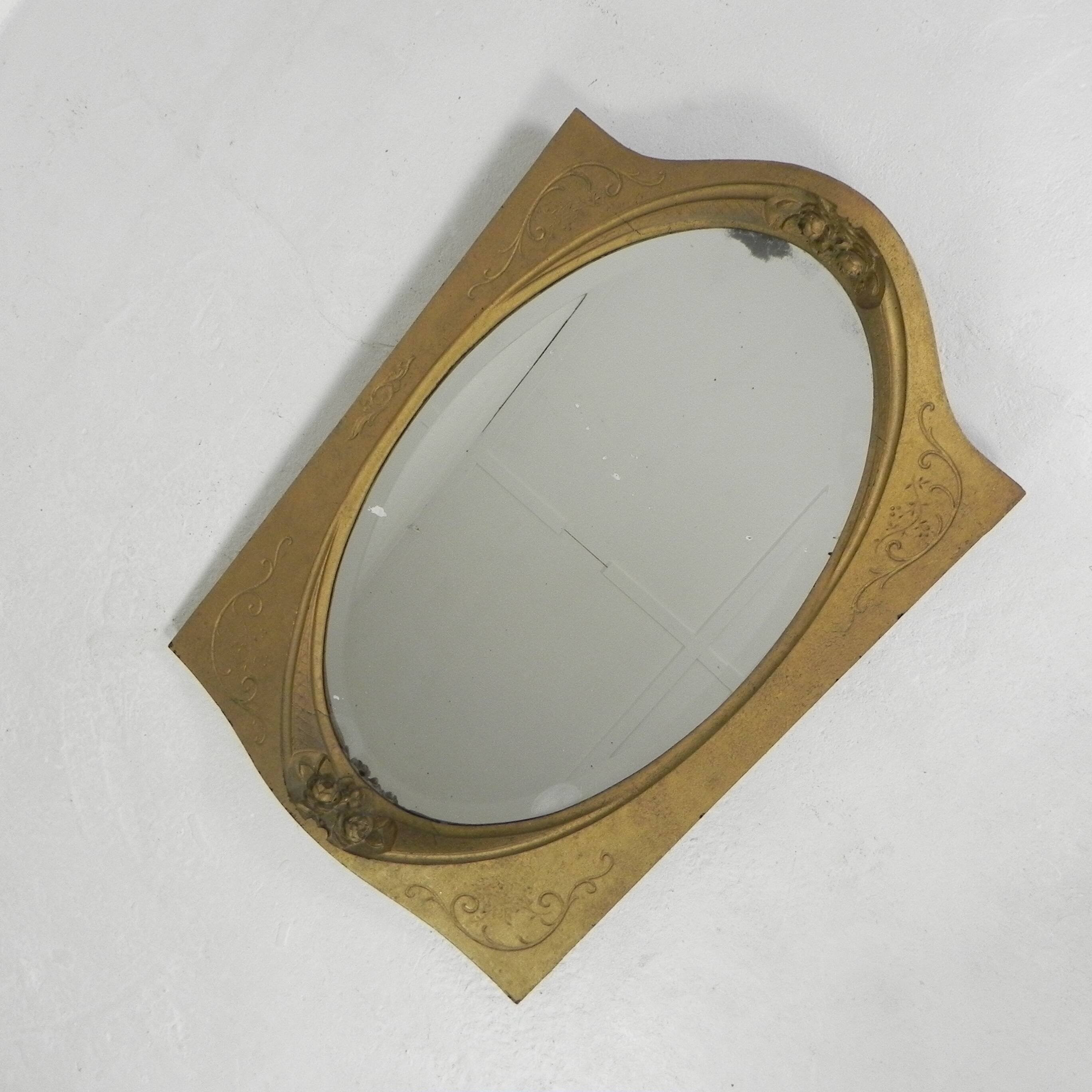 Oval gold mirror with faceted edge, 1950s