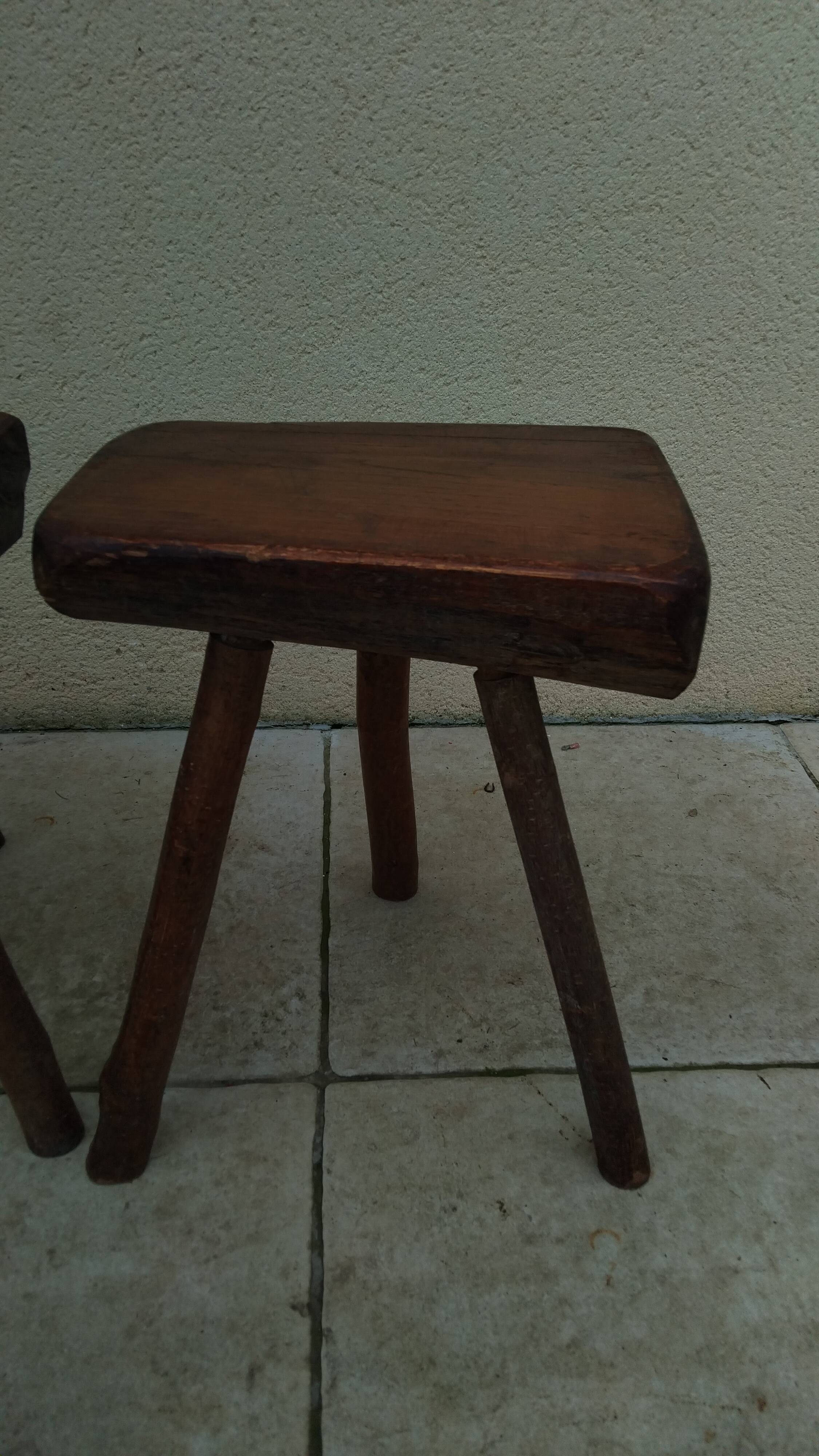Pair of tripod stools, vintage brutalist style, solid wood