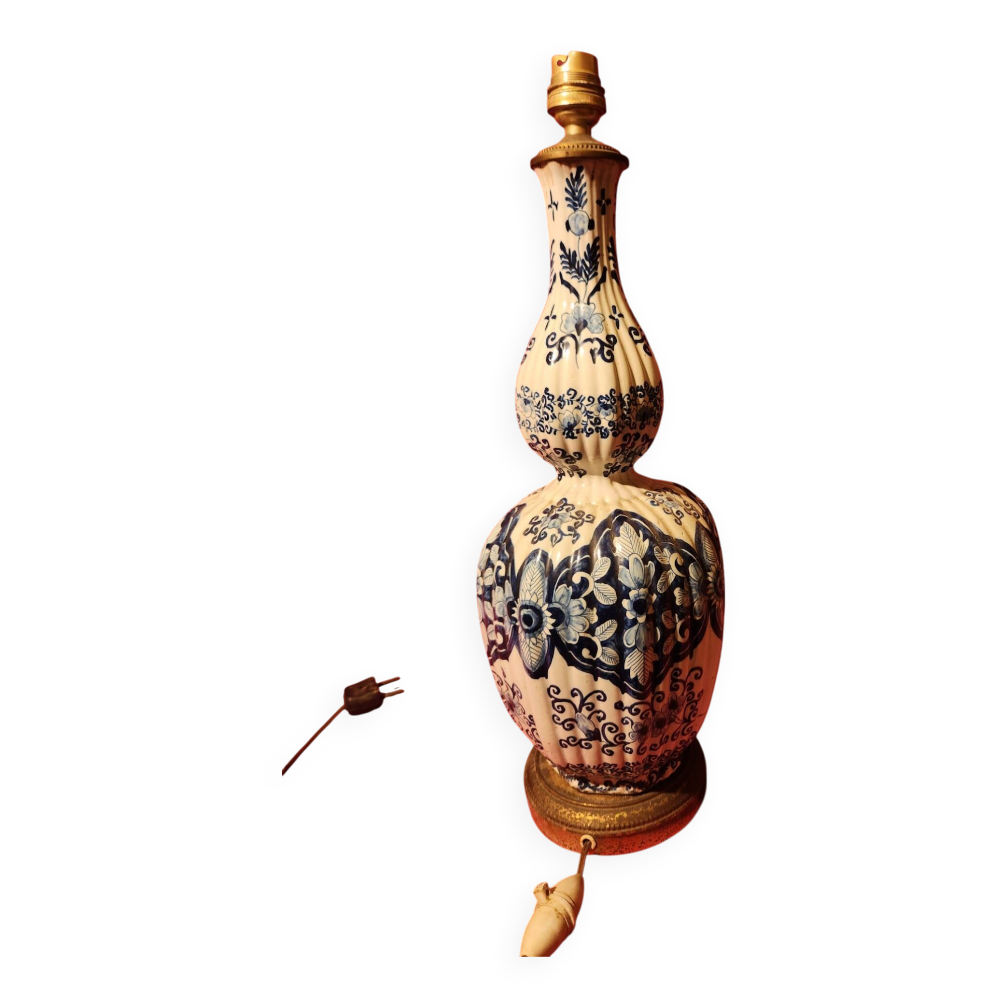 Antique ceramic lamp with brass or bronze base from the attic