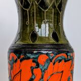 Sgraffito Scraffito enameled ceramic vase in green and orange colors - Year 1950
