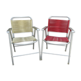 Pair of folding chairs in aluminum and scoubidou from the 70s