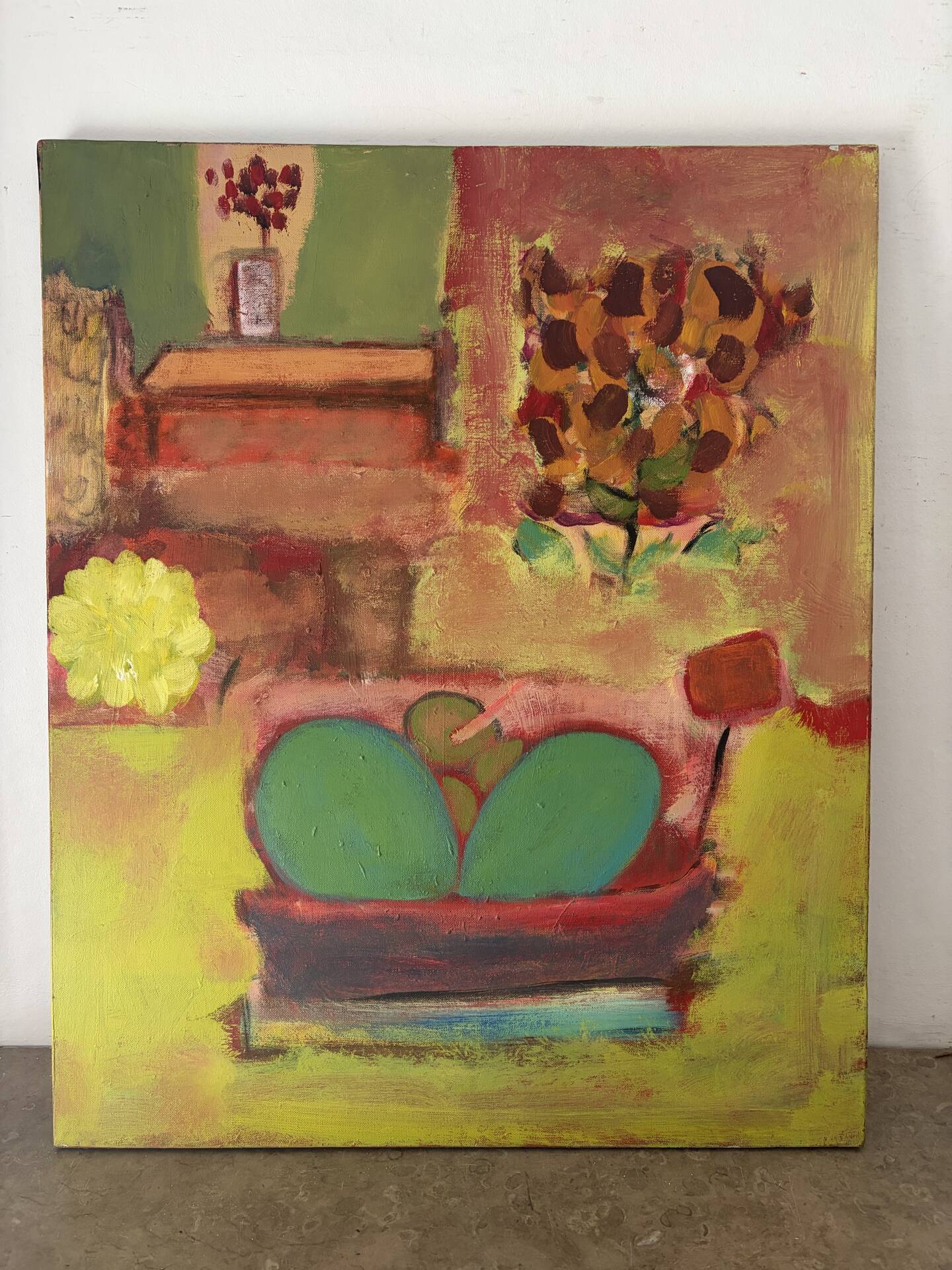 Still life in the living room, oil on canvas signed Banyan.