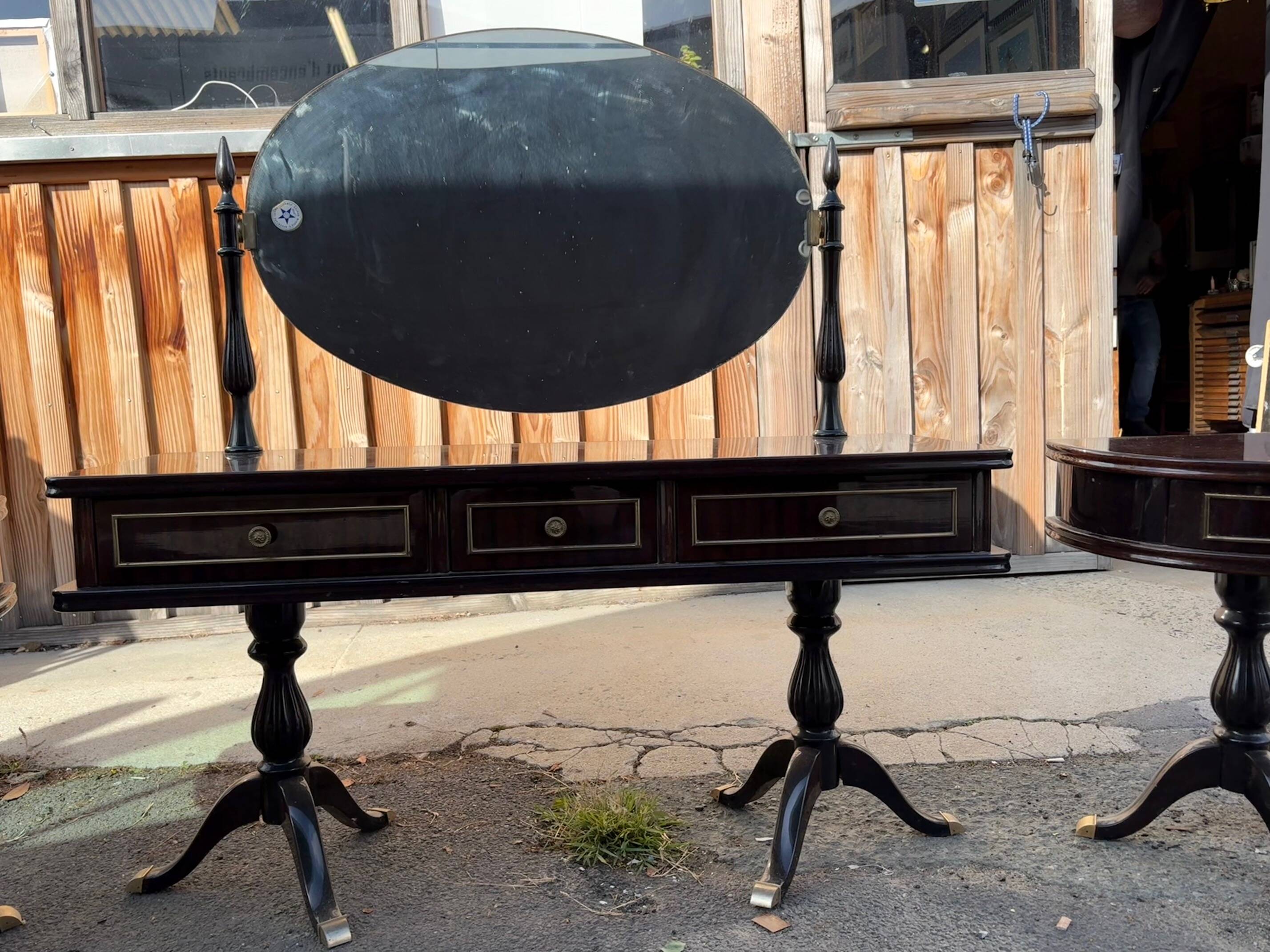 Vintage 1960s triptych hairdresser in mahogany – signed G. Blouin Nantes