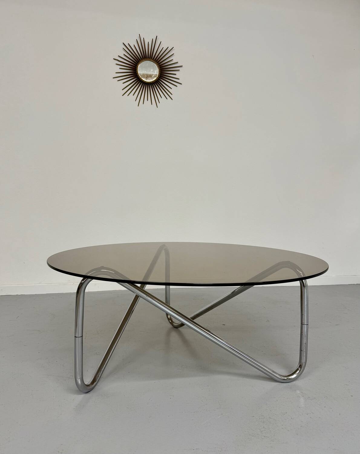 Tubular coffee table and smoked glass, French design, vintage 60s