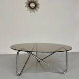 Tubular coffee table and smoked glass, French design, vintage 60s