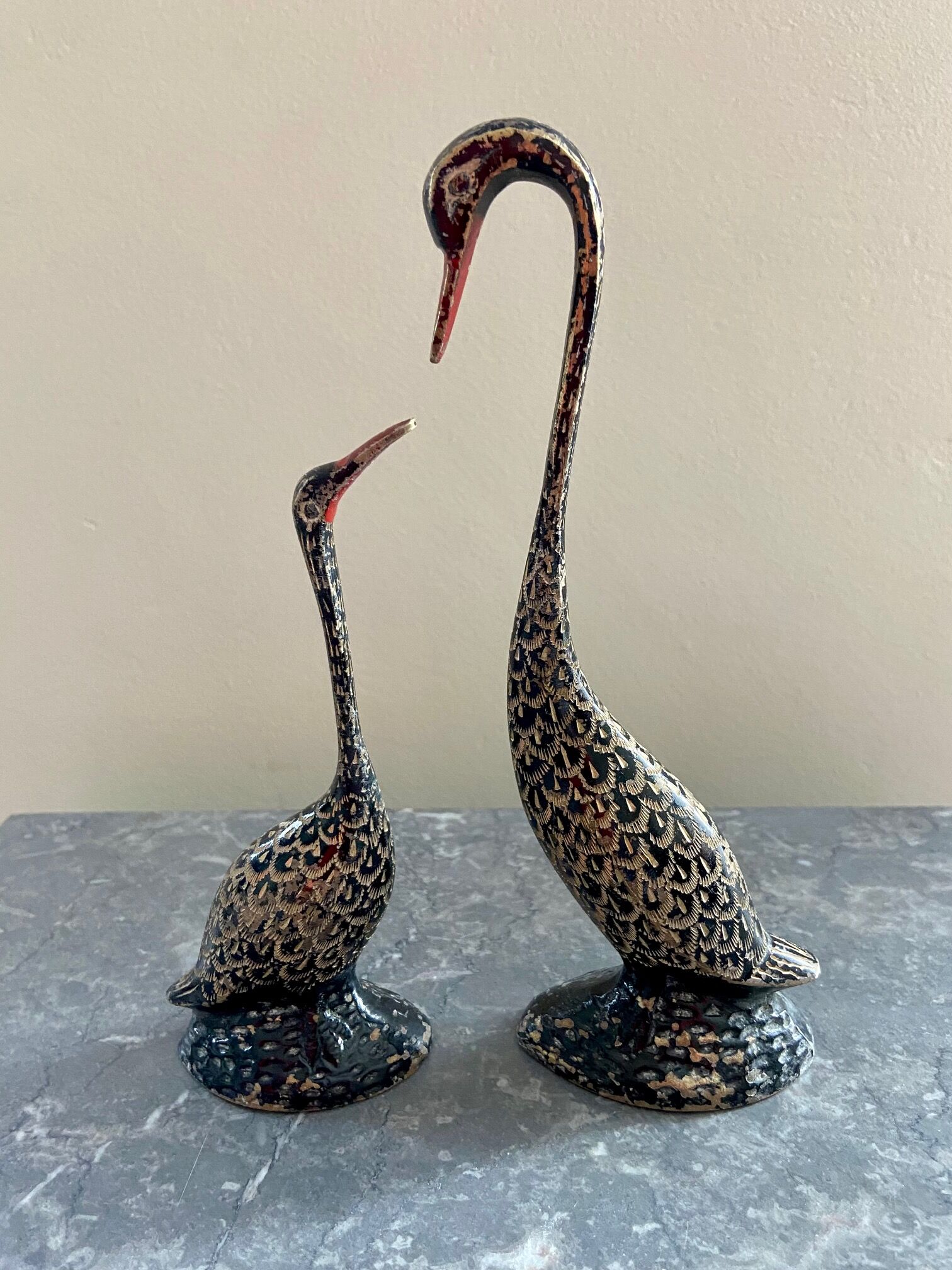 Pair ancient brass birds