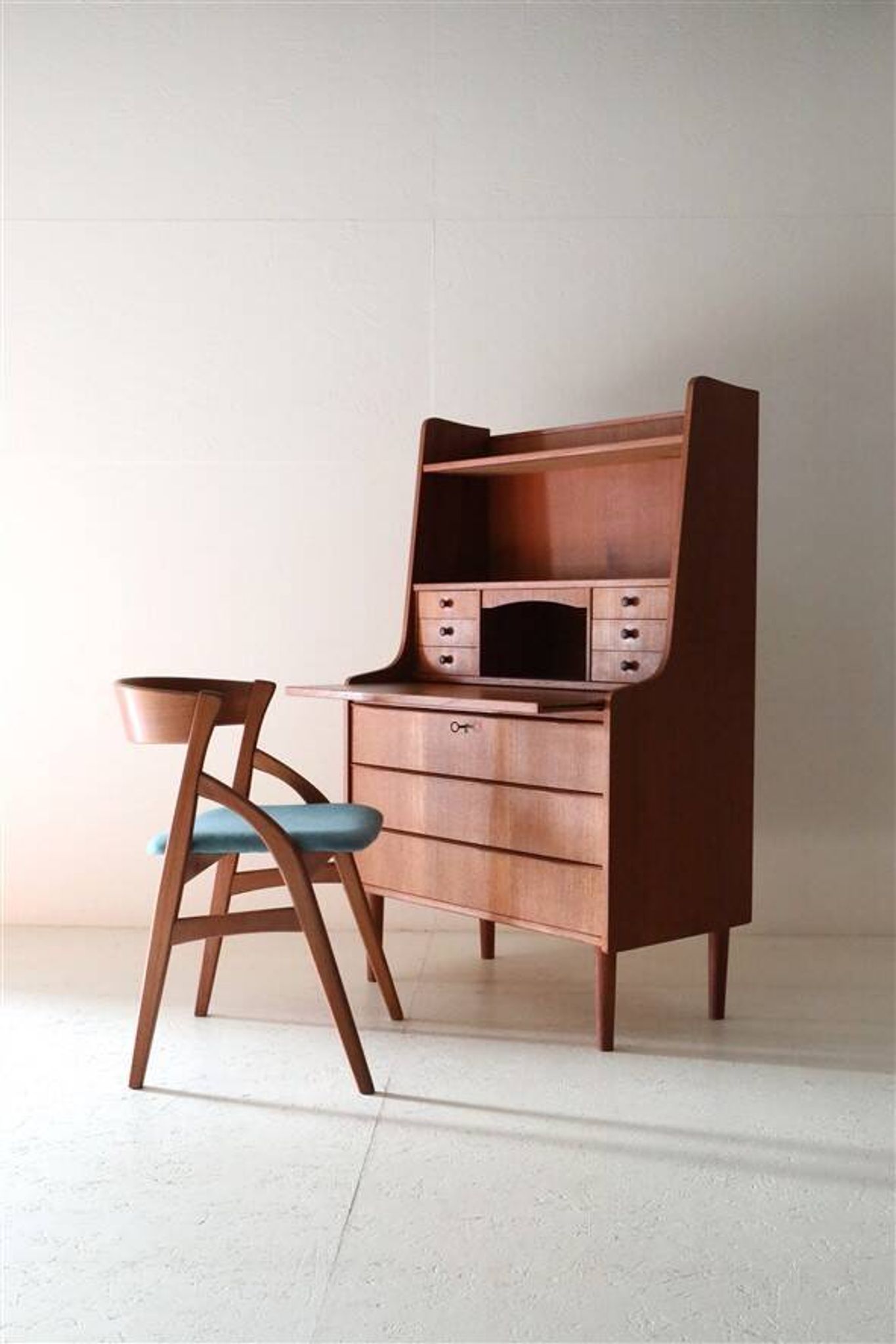 Tall mid-century teak secretary desk / Danish modern design / 1960s