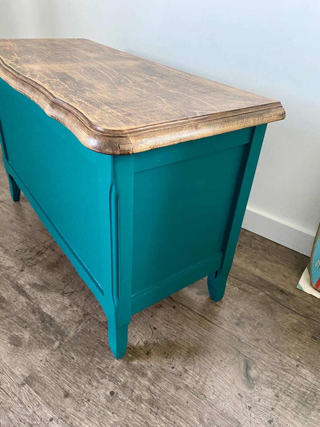 Duck blue and light wood storage chest