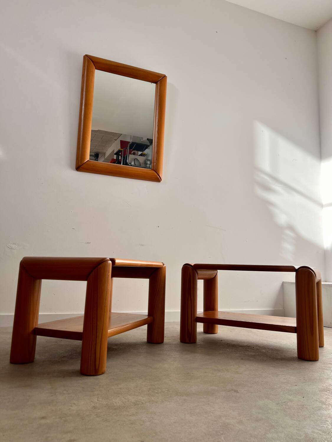 Old mirror in solid elm design from the 70s vintage brutalist style