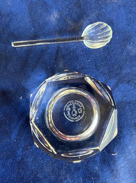 Mustard pot, salt shaker, and pepper shaker set in Baccara crystal, France.