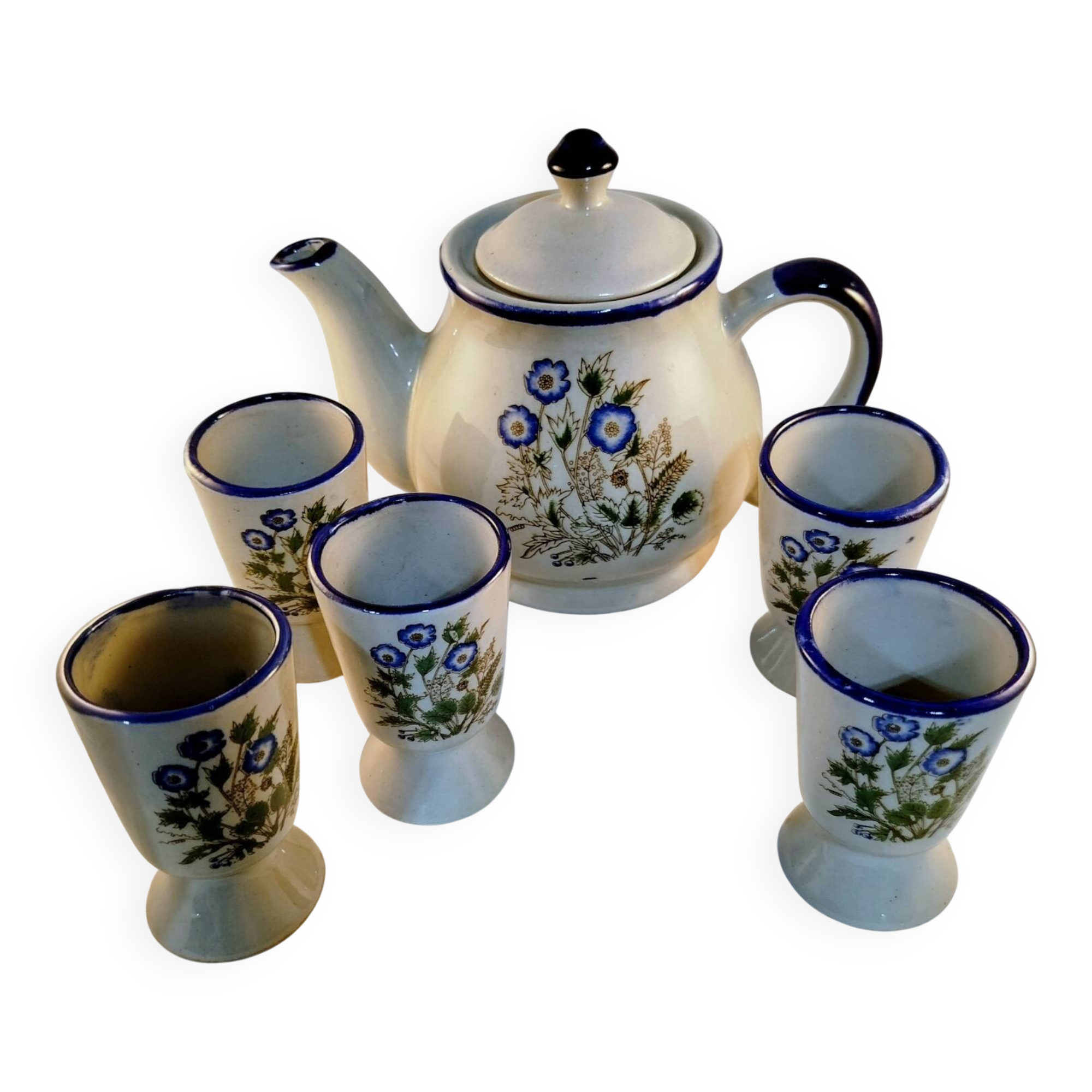 Vintage blue floral coffee set: coffee pot + 5 cups